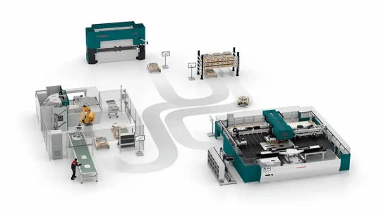 Atelier flexible de tôlerie avec un combiné de poinçonnage-laser, une panneauteuse robotisée et une presse-plieuse