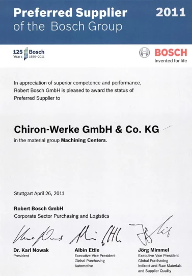 CHIRON obtient le statut de ”Fournisseur Privilégié” du groupe BOSCH