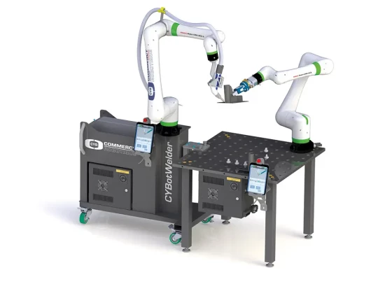 ensemble de deux robots collaboratifs, coordonnés pour le soudage